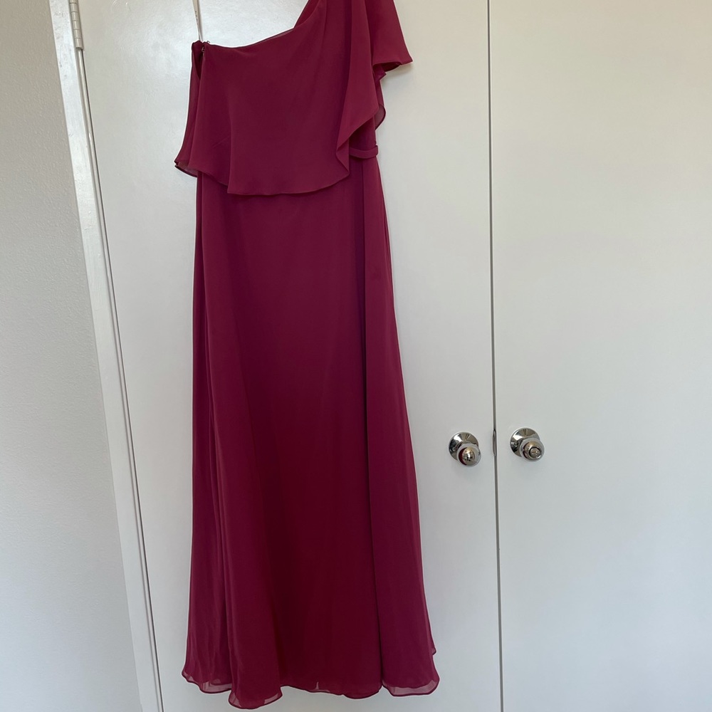 One shoulder cranberry colored formal dress